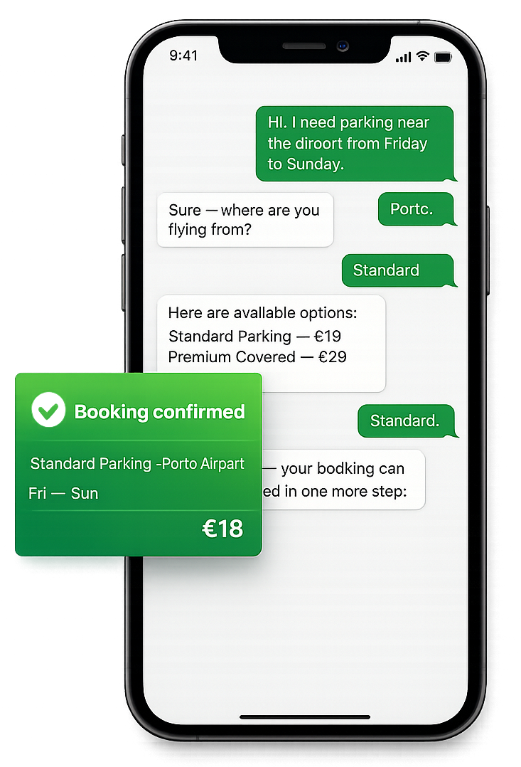 Smartphone mockup showing messenger-style booking with a confirmation card